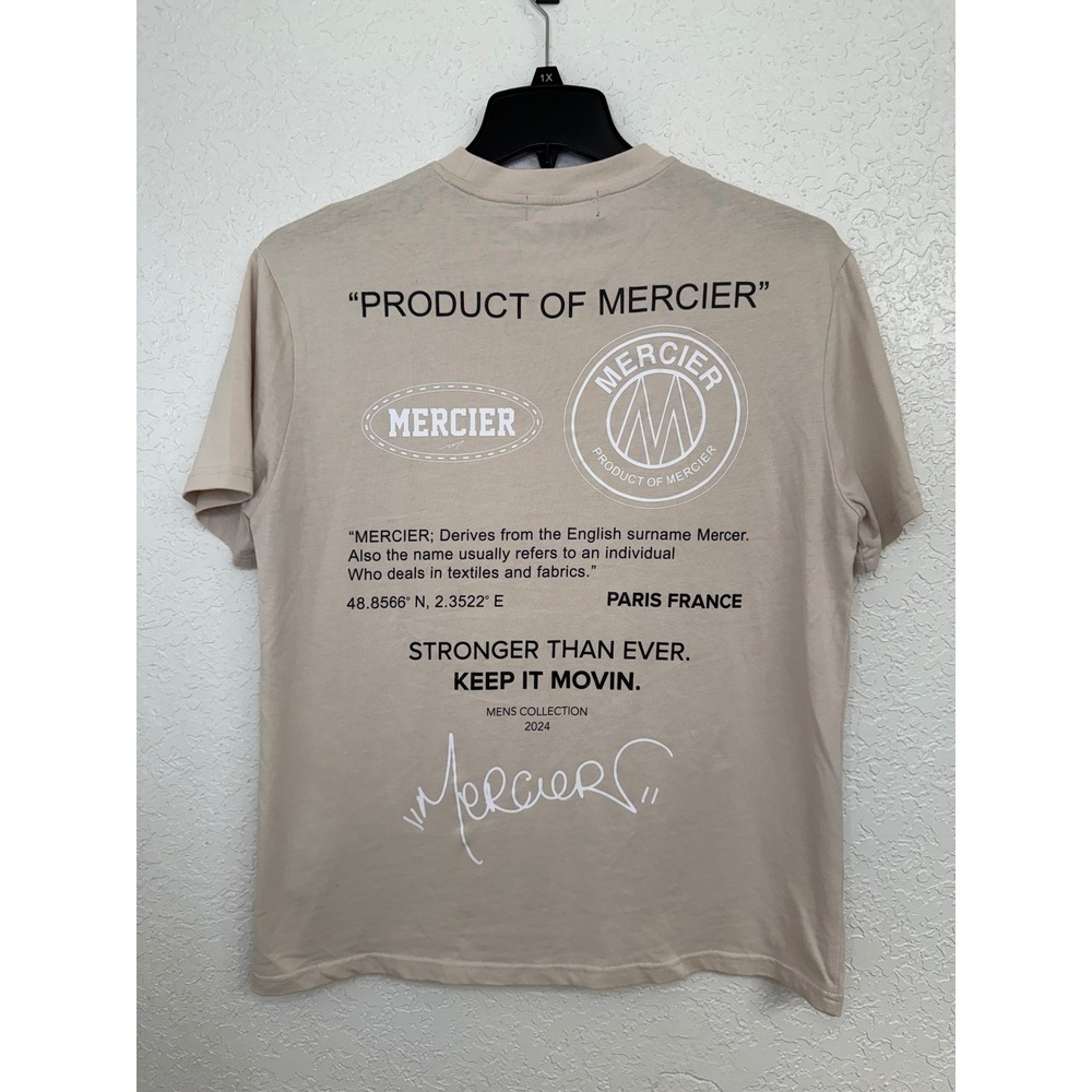 MERCIER Mens Beige Graphic Print Crewneck T Shirt Casual Streetwear Size M - Picture 2 of 5